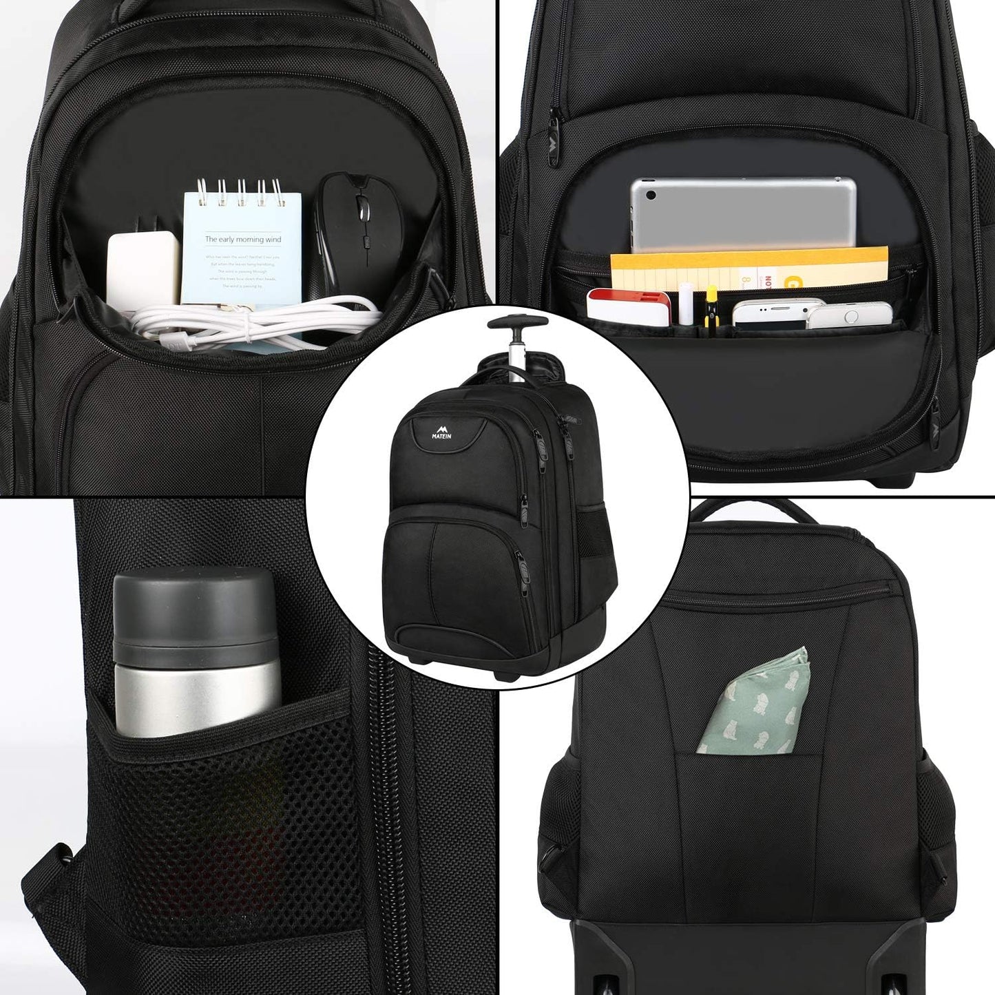 MATEIN Rolling Backpack, 17 inch Water Resistant Wheeled Laptop Backpack for Men Women Adults to Travel, Black