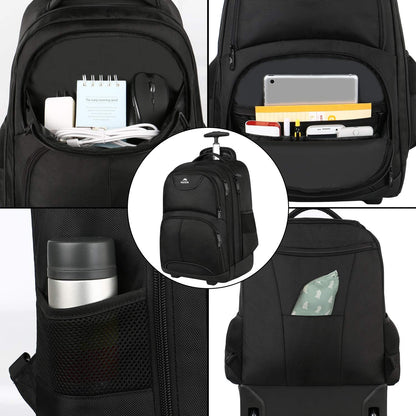 MATEIN Rolling Backpack, 17 inch Water Resistant Wheeled Laptop Backpack for Men Women Adults to Travel, Black