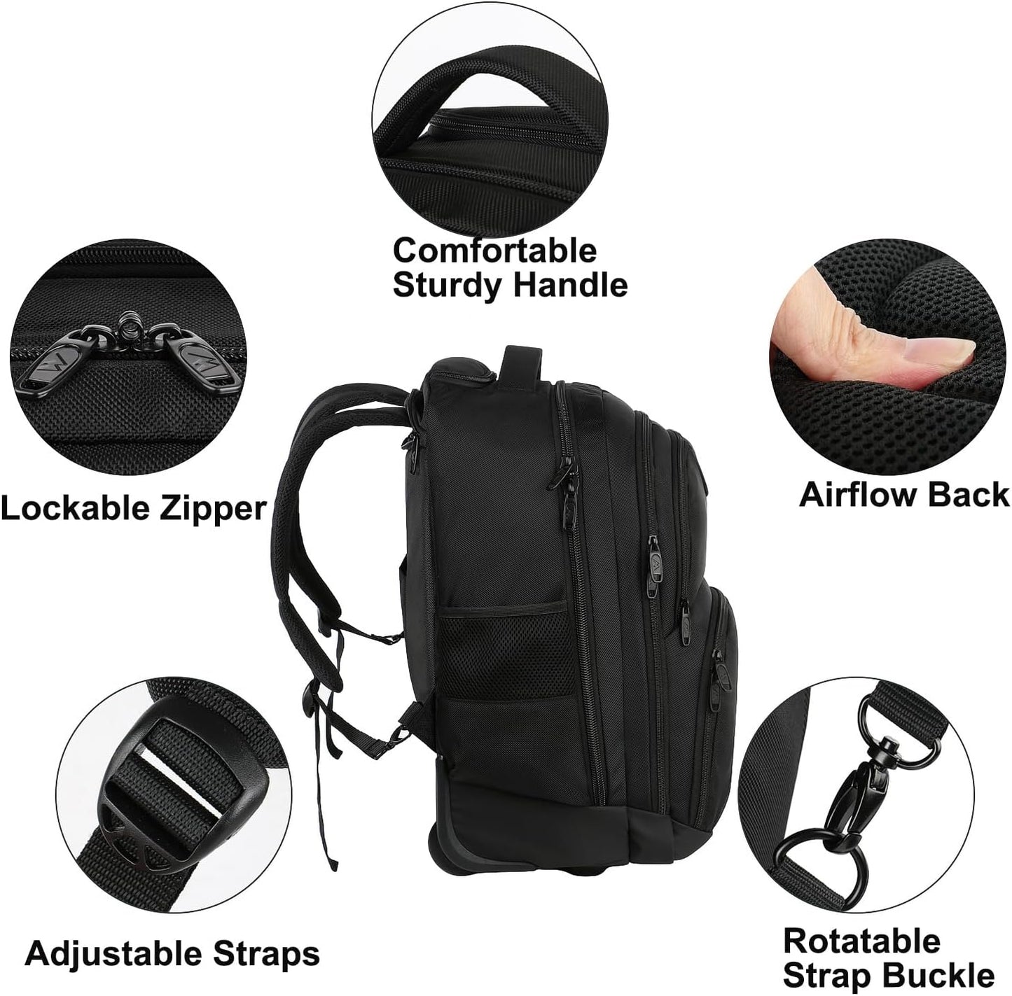 MATEIN Rolling Backpack, 17 inch Water Resistant Wheeled Laptop Backpack for Men Women Adults to Travel, Black