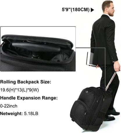 MATEIN Rolling Backpack, 17 inch Water Resistant Wheeled Laptop Backpack for Men Women Adults to Travel, Black