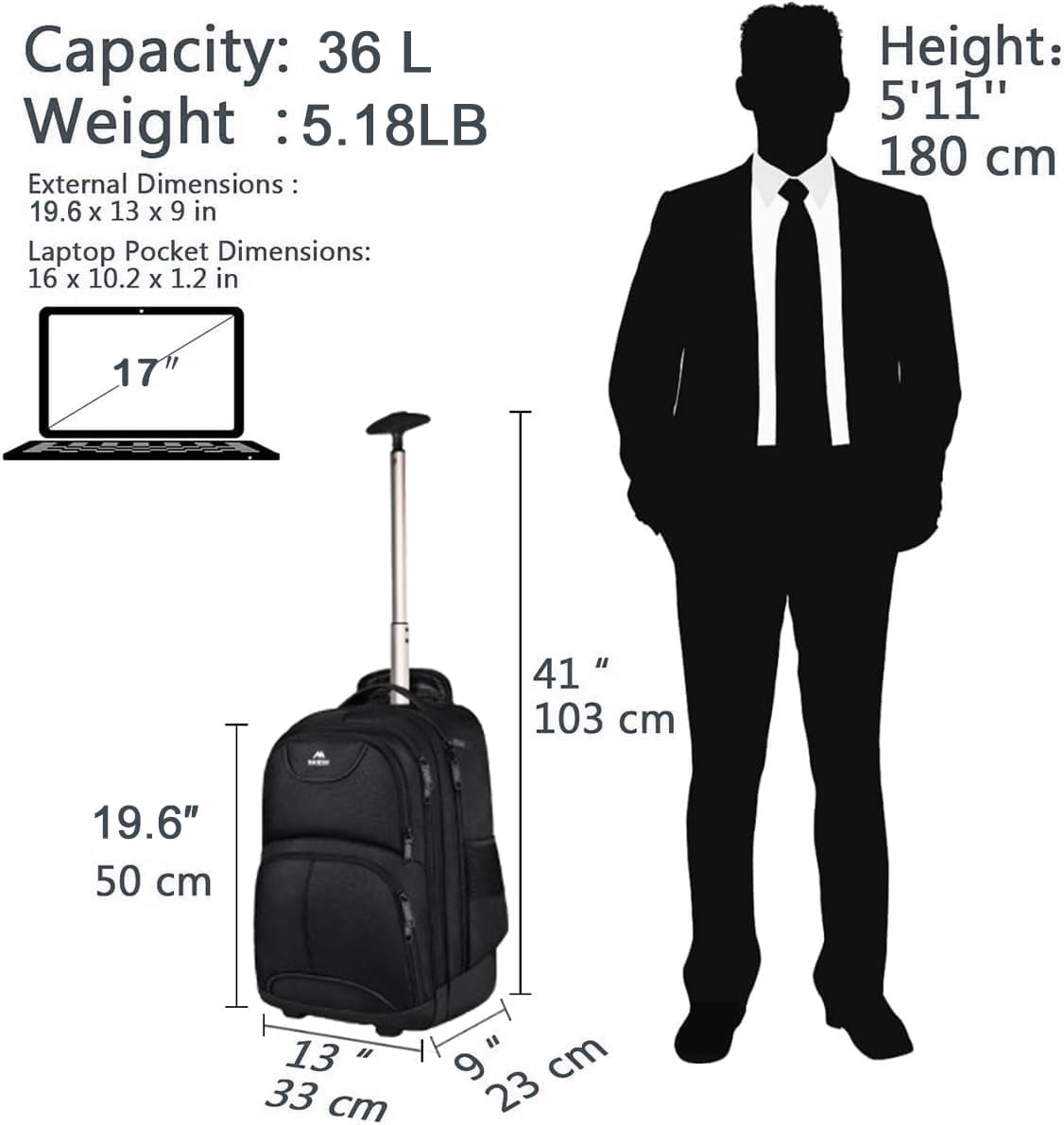 MATEIN Rolling Backpack, 17 inch Water Resistant Wheeled Laptop Backpack for Men Women Adults to Travel, Black