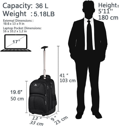 MATEIN Rolling Backpack, 17 inch Water Resistant Wheeled Laptop Backpack for Men Women Adults to Travel, Black