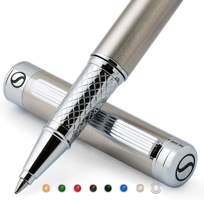 Scriveiner Stainless Steel Rollerball Pen - Stunning Luxury Metal Pen with Silver Chrome Finish..