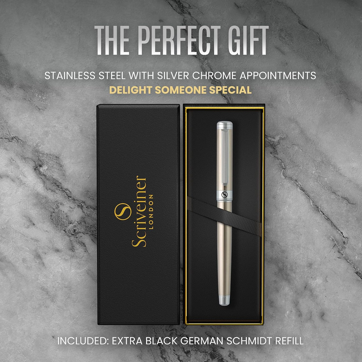 Scriveiner Stainless Steel Rollerball Pen - Stunning Luxury Metal Pen with Silver Chrome Finish..