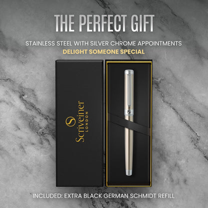 Scriveiner Stainless Steel Rollerball Pen - Stunning Luxury Metal Pen with Silver Chrome Finish..