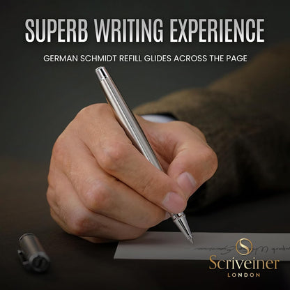 Scriveiner Stainless Steel Rollerball Pen - Stunning Luxury Metal Pen with Silver Chrome Finish..