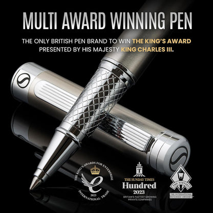 Scriveiner Stainless Steel Rollerball Pen - Stunning Luxury Metal Pen with Silver Chrome Finish..