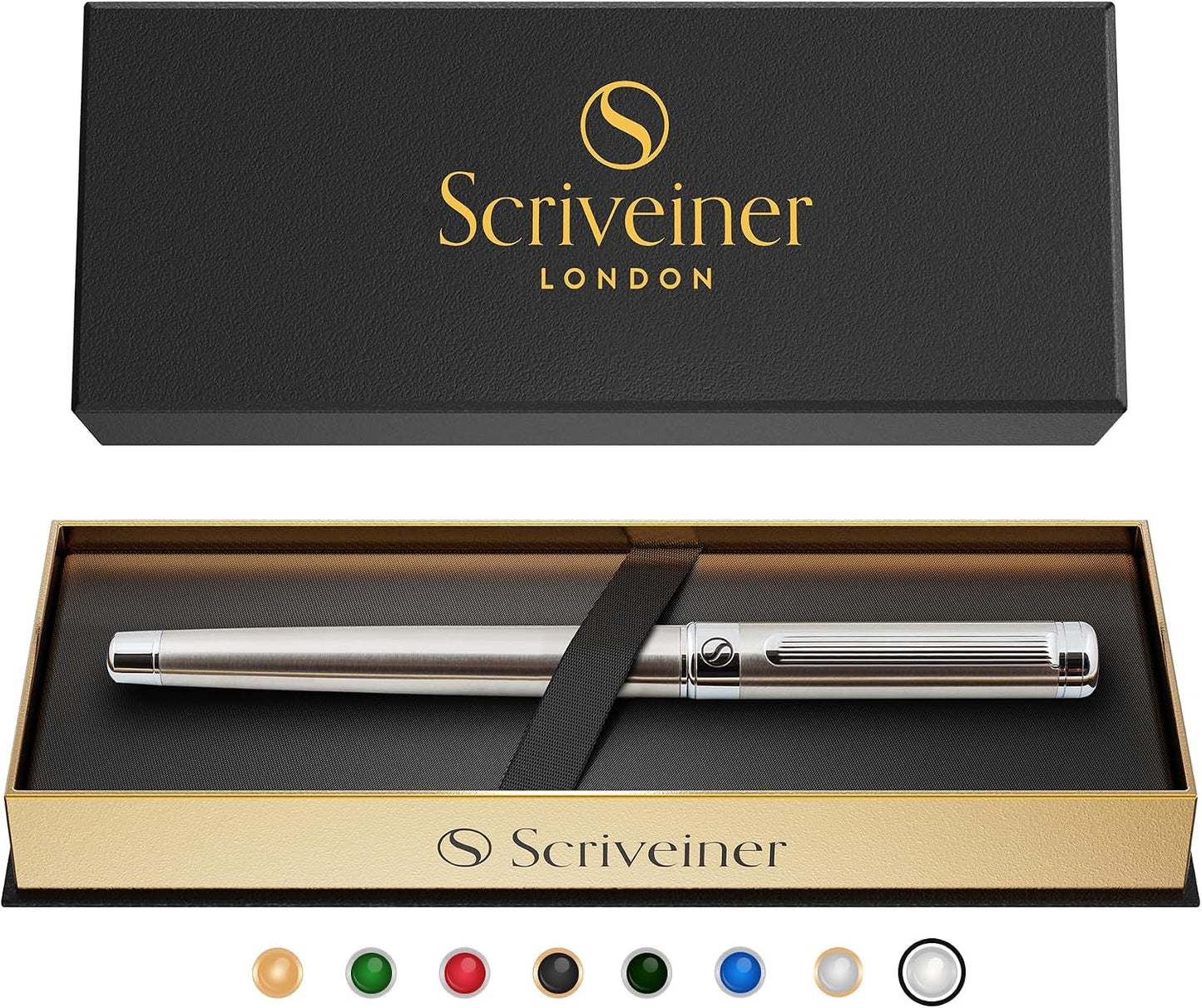 Scriveiner Stainless Steel Rollerball Pen - Stunning Luxury Metal Pen with Silver Chrome Finish..