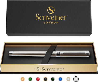 Scriveiner Stainless Steel Rollerball Pen - Stunning Luxury Metal Pen with Silver Chrome Finish..