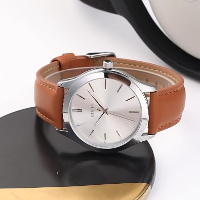 BUREI Men Watches Fashion Analog Stainless Steel Quartz Waterproof Watches,(Silver Brown, Brown, Leather)