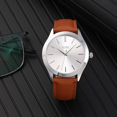 BUREI Men Watches Fashion Analog Stainless Steel Quartz Waterproof Watches,(Silver Brown, Brown, Leather)
