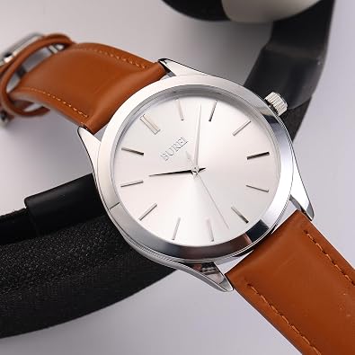 BUREI Men Watches Fashion Analog Stainless Steel Quartz Waterproof Watches,(Silver Brown, Brown, Leather)