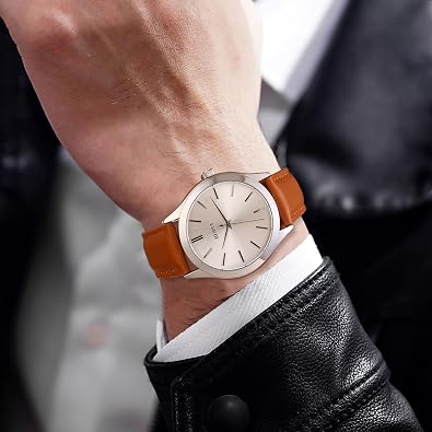 BUREI Men Watches Fashion Analog Stainless Steel Quartz Waterproof Watches,(Silver Brown, Brown, Leather)