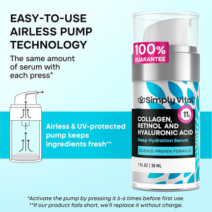 SimplyVital Collagen, Retinol &amp; Hyaluronic Acid Serum - Anti-Aging Moisturizer for Face, Neck & Décolleté
