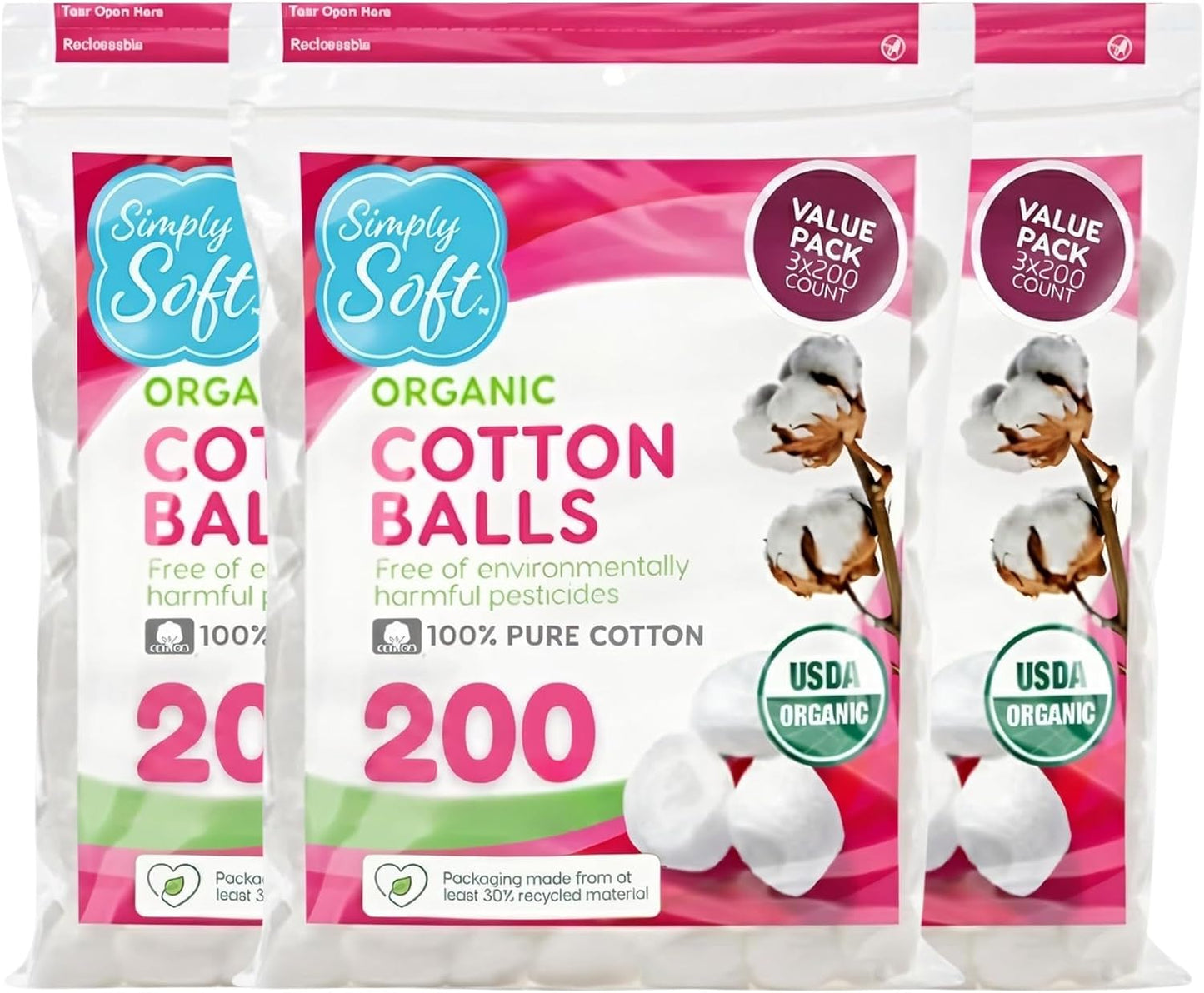 Simply Soft Premium Organic Cotton Balls, 600 Count (3 Bags) 100% Pure Cotton..
