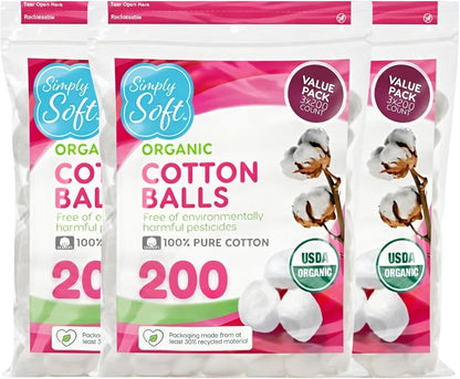 Simply Soft Premium Organic Cotton Balls, 600 Count (3 Bags) 100% Pure Cotton..