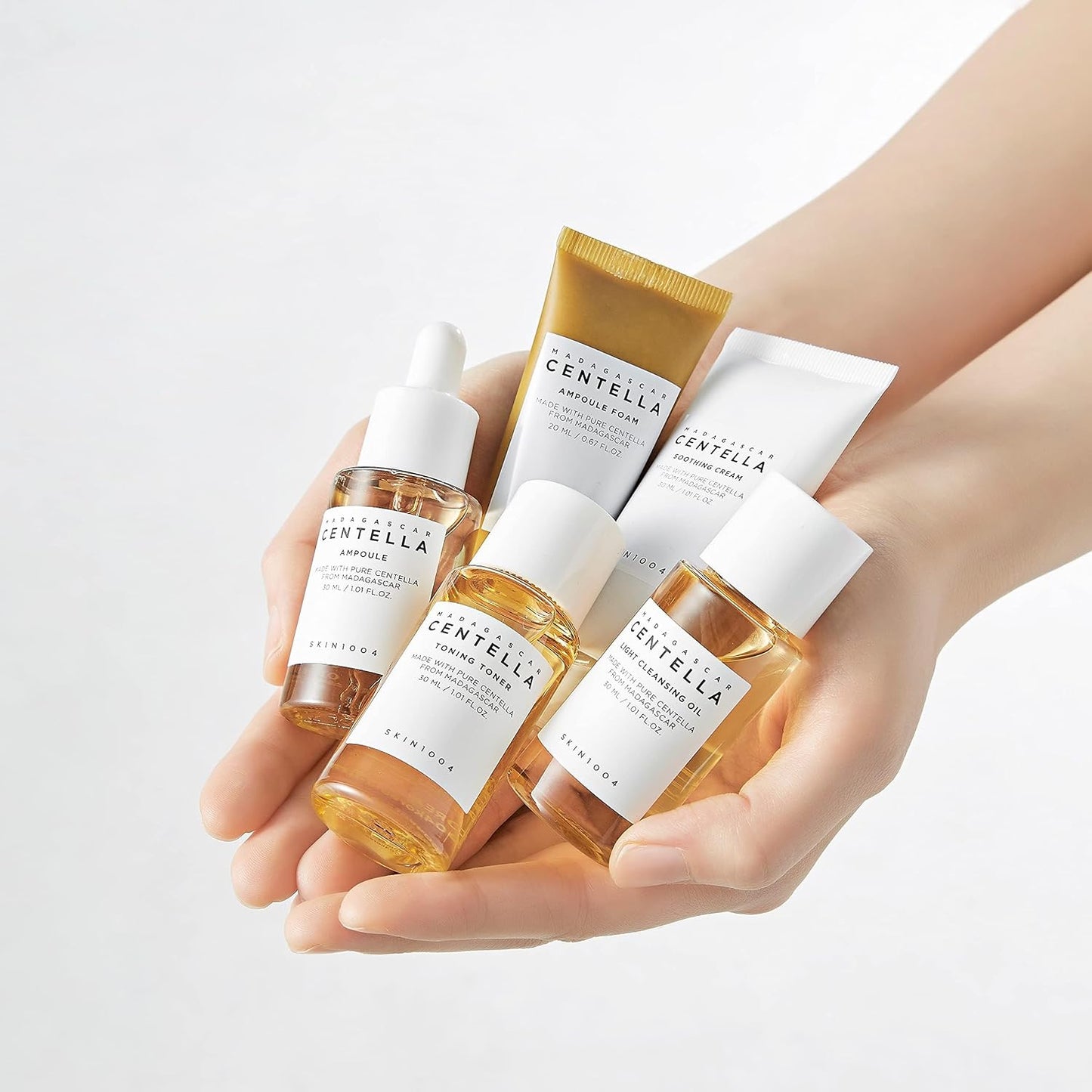 SKIN1004 Madagascar Centella Travel Kit, Toner, Ampoule, Soothing Cream, Cleansing Oil, Ampoule Foam, Basic Skincare Trial Kit Box