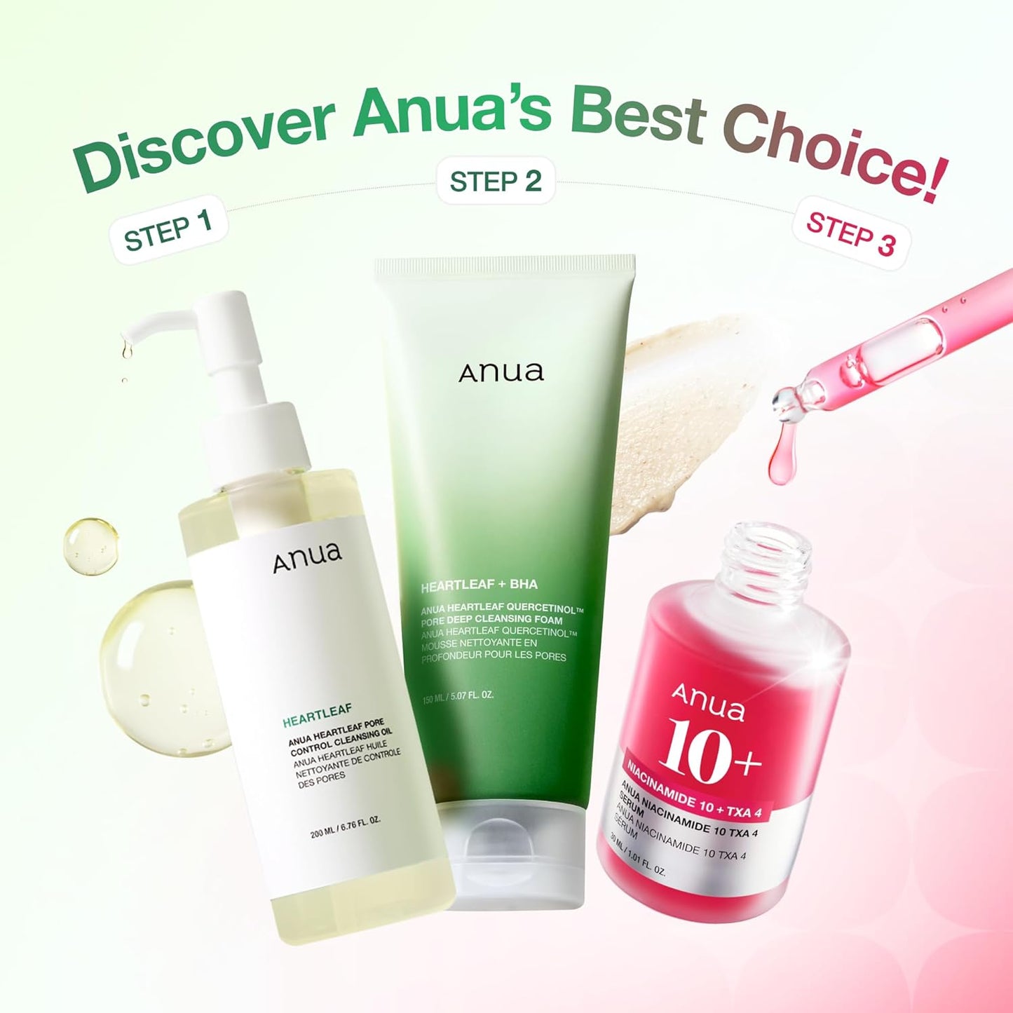 Anua 3-Step Glass Skin Beginner Set, Oil Cleanser and Face Wash with Facial Serum...