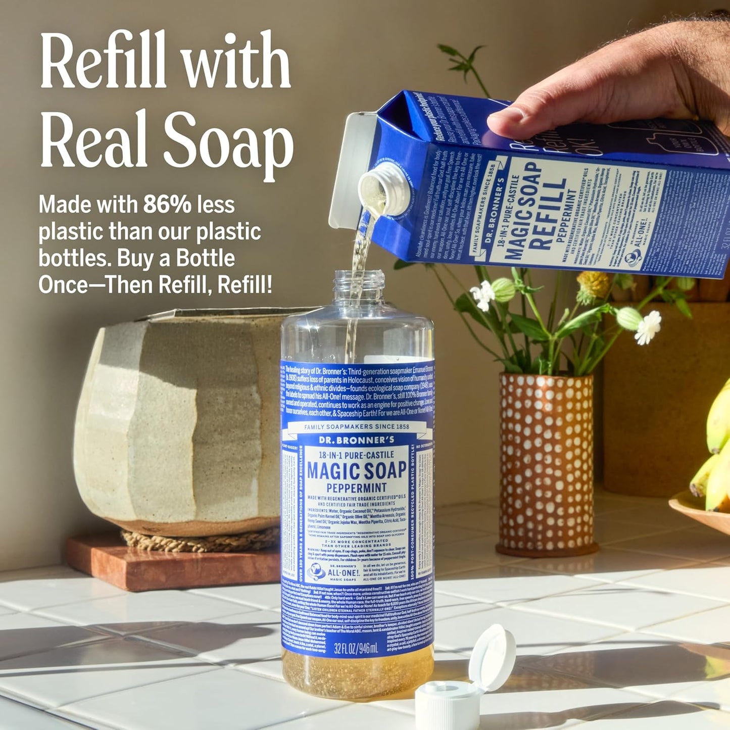Dr. Bronner's Pure-Castile Liquid Magic Soap Bottle &amp; Refill Carton - Made with Regenerative Organic Certified Oils..