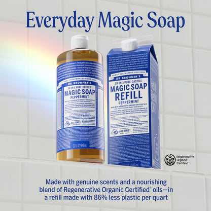 Dr. Bronner's Pure-Castile Liquid Magic Soap Bottle &amp; Refill Carton - Made with Regenerative Organic Certified Oils..