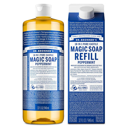 Dr. Bronner's Pure-Castile Liquid Magic Soap Bottle &amp; Refill Carton - Made with Regenerative Organic Certified Oils..