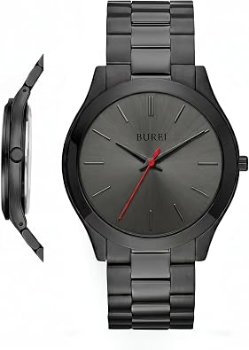 BUREI Men's Wrist Watch, Analog Stainless Steel Dress Waterproof Quartz Watch for Men (Red-Black-Black)