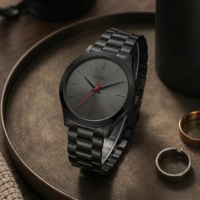 BUREI Men's Wrist Watch, Analog Stainless Steel Dress Waterproof Quartz Watch for Men (Red-Black-Black)