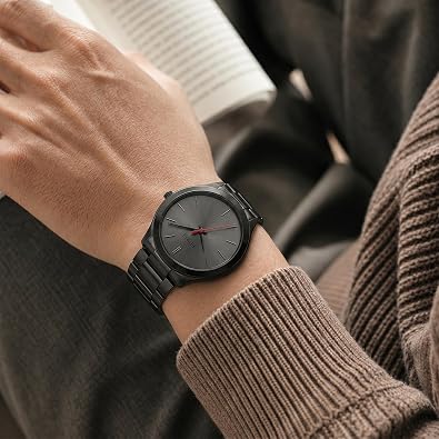 BUREI Men's Wrist Watch, Analog Stainless Steel Dress Waterproof Quartz Watch for Men (Red-Black-Black)