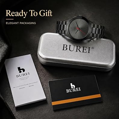 BUREI Men's Wrist Watch, Analog Stainless Steel Dress Waterproof Quartz Watch for Men (Red-Black-Black)