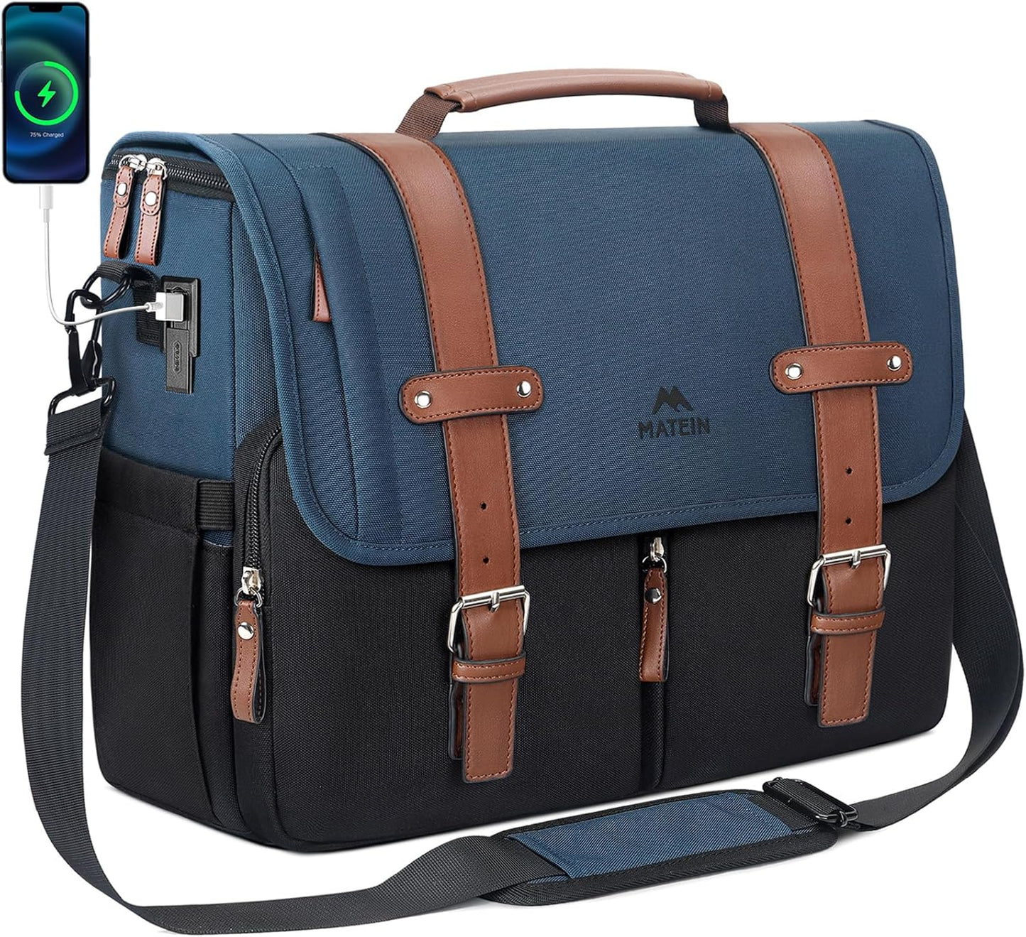 MATEIN Messenger Bag for School with USB Charging Port, Large Crossbody Satchel 15.6 inch (Blue-Black)