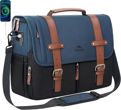 MATEIN Messenger Bag for School with USB Charging Port, Large Crossbody Satchel 15.6 inch (Blue-Black)