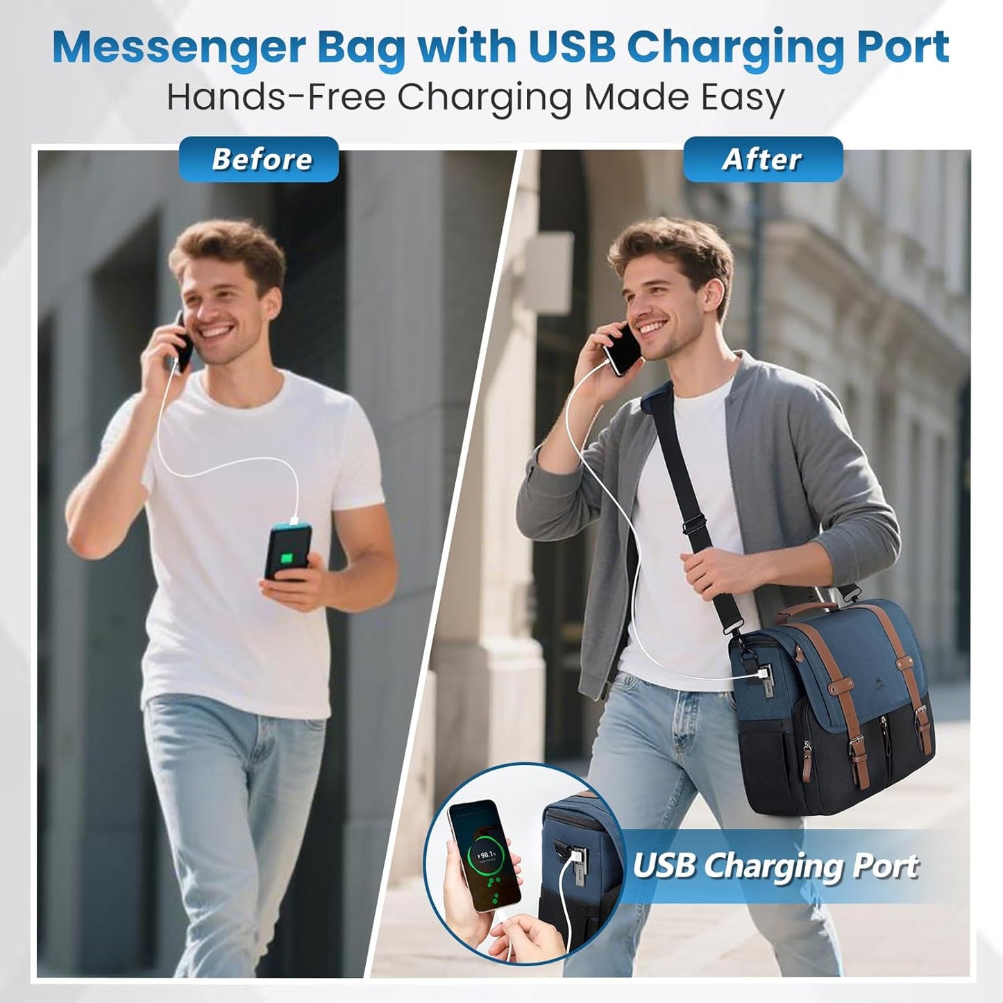 MATEIN Messenger Bag for School with USB Charging Port, Large Crossbody Satchel 15.6 inch (Blue-Black)