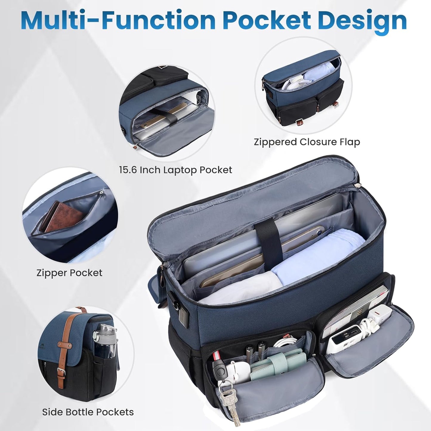 MATEIN Messenger Bag for School with USB Charging Port, Large Crossbody Satchel 15.6 inch (Blue-Black)