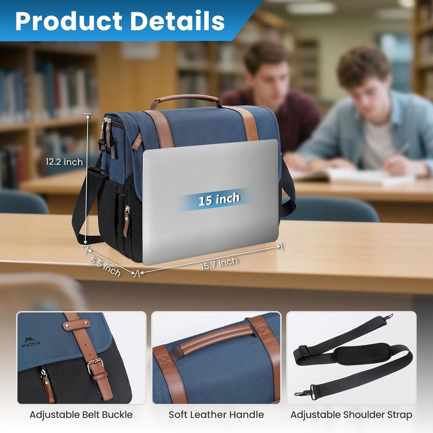 MATEIN Messenger Bag for School with USB Charging Port, Large Crossbody Satchel 15.6 inch (Blue-Black)