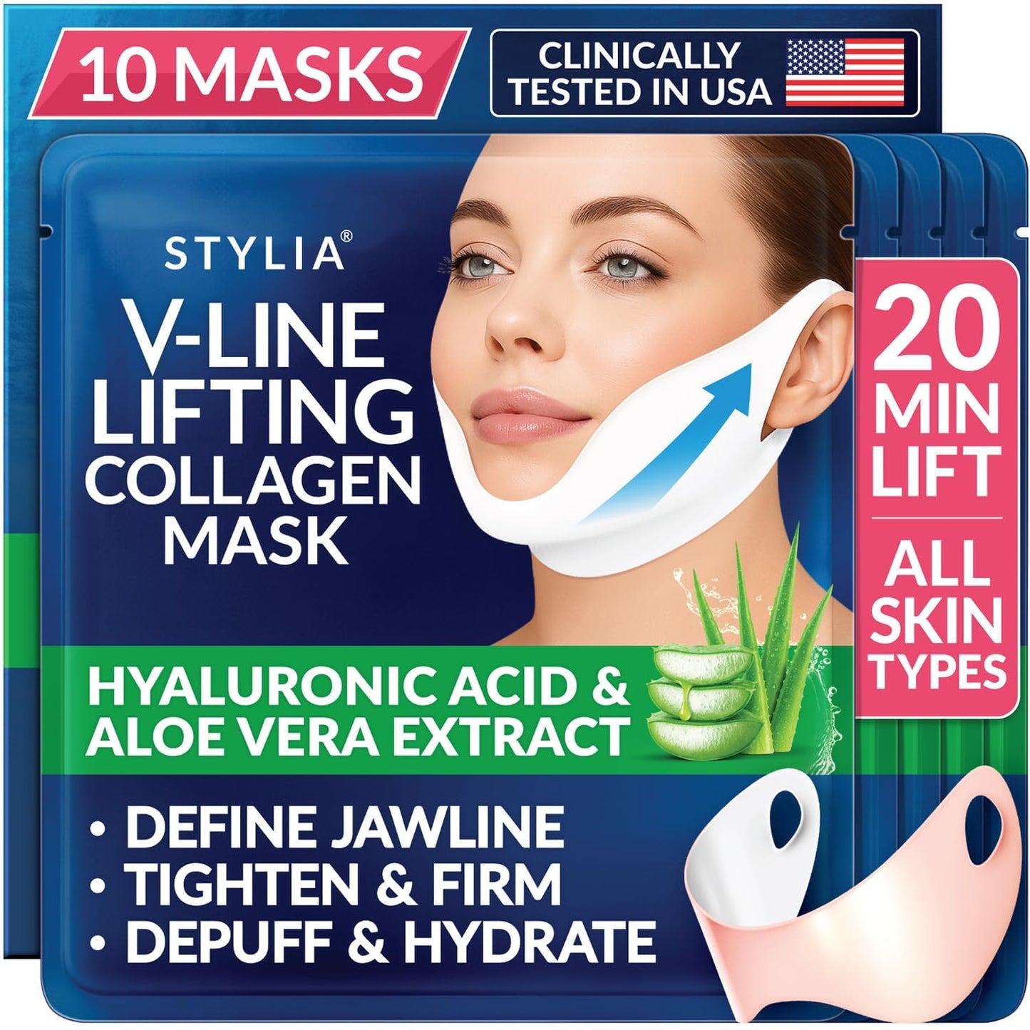 Stylia V Line Lifting Collagen Mask - Lift, Firm &amp; Contour Jawline - Tightening Double Chin Strap with Hyaluronic Acid & Aloe..