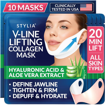 Stylia V Line Lifting Collagen Mask - Lift, Firm &amp; Contour Jawline - Tightening Double Chin Strap with Hyaluronic Acid & Aloe..