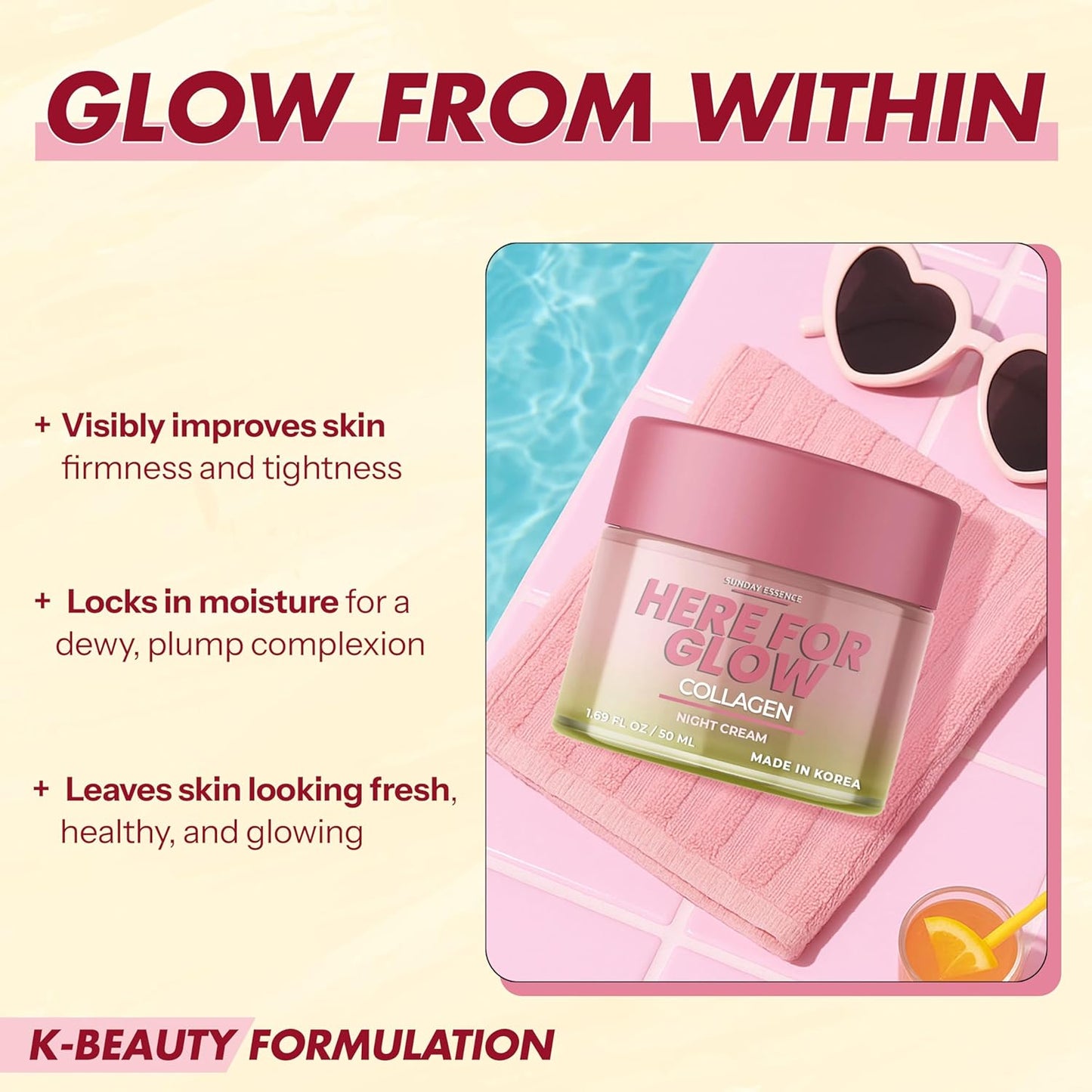 Collagen Night Cream - Dermatologist Tested, Korean Skin Care, Anti-Aging - Hydrating Moisturizer, Retains Moisture - Vegan..