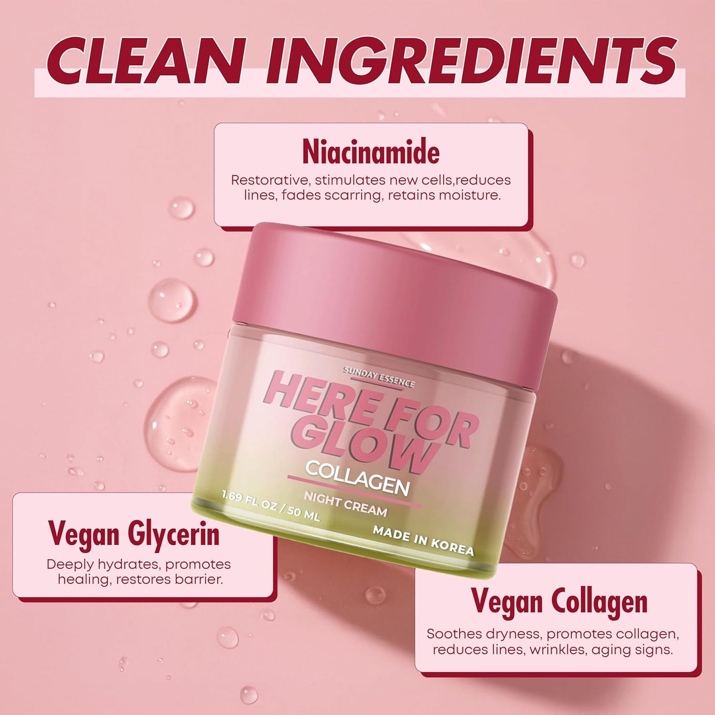 Collagen Night Cream - Dermatologist Tested, Korean Skin Care, Anti-Aging - Hydrating Moisturizer, Retains Moisture - Vegan..
