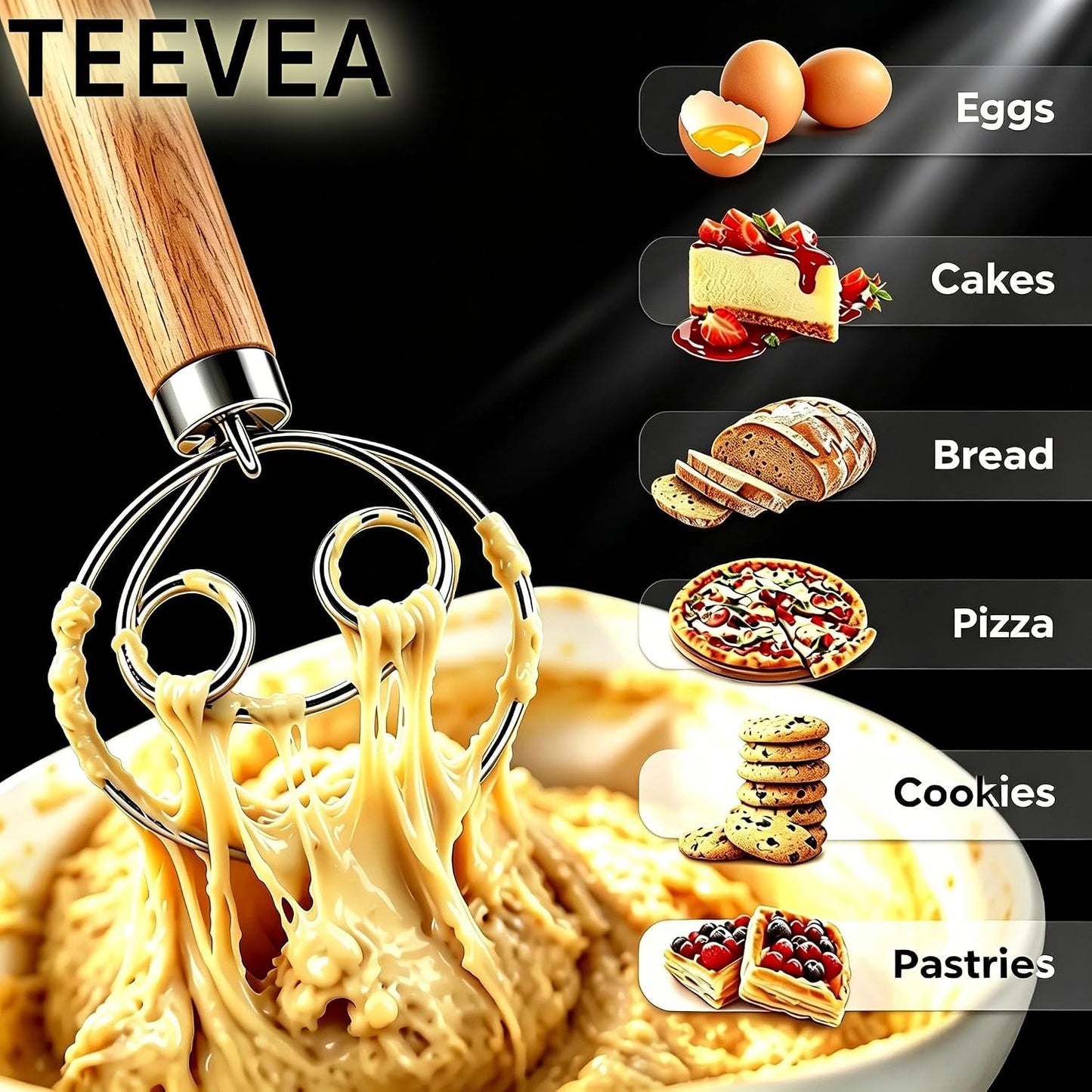 TEEVEA Danish Dough  Whisk Stainless Steel Wooden Handle for Sourdough Bread..