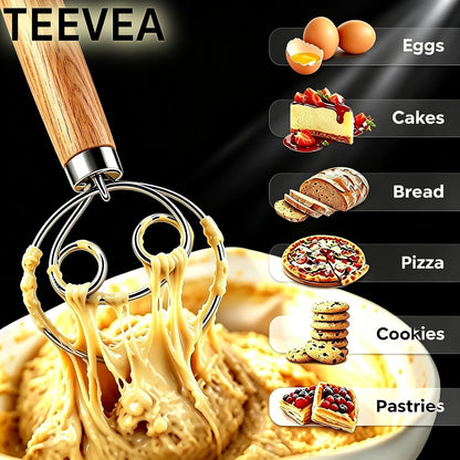 TEEVEA Danish Dough  Whisk Stainless Steel Wooden Handle for Sourdough Bread..