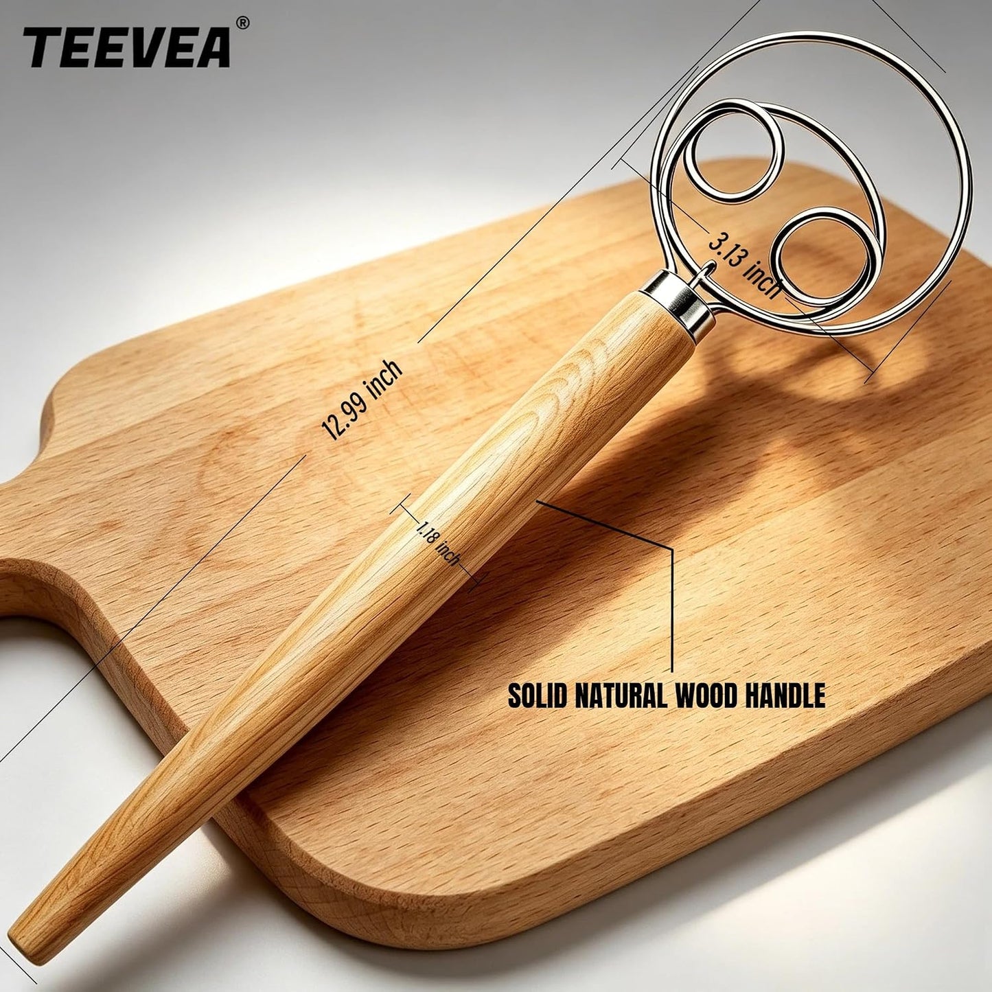 TEEVEA Danish Dough  Whisk Stainless Steel Wooden Handle for Sourdough Bread..