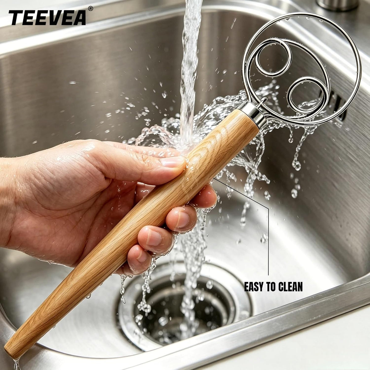 TEEVEA Danish Dough  Whisk Stainless Steel Wooden Handle for Sourdough Bread..