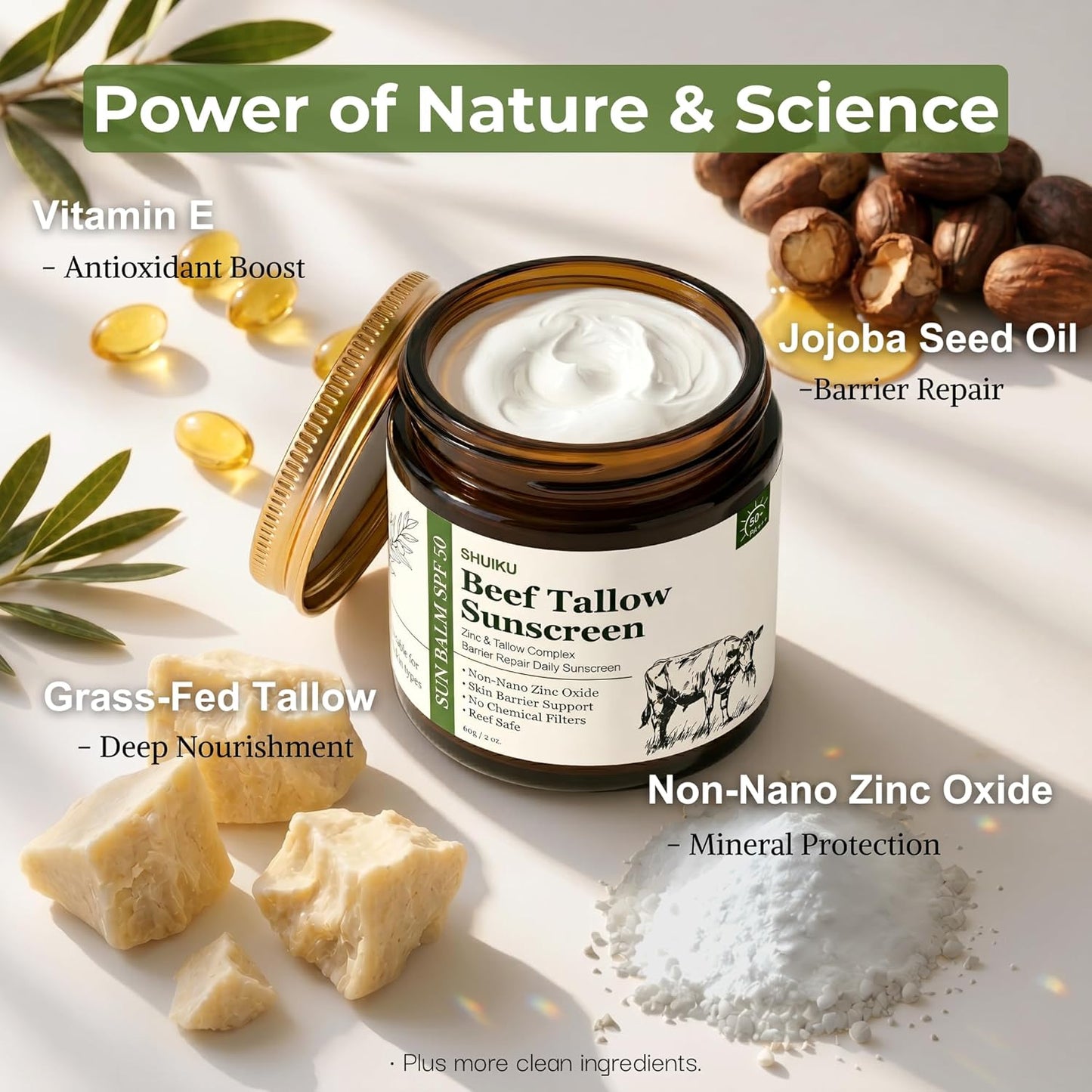 Beef Tallow Sunscreen SPF 50 for Face &amp; Body, Organic Mineral Sunscreen with Non-Nano Zinc Oxide..
