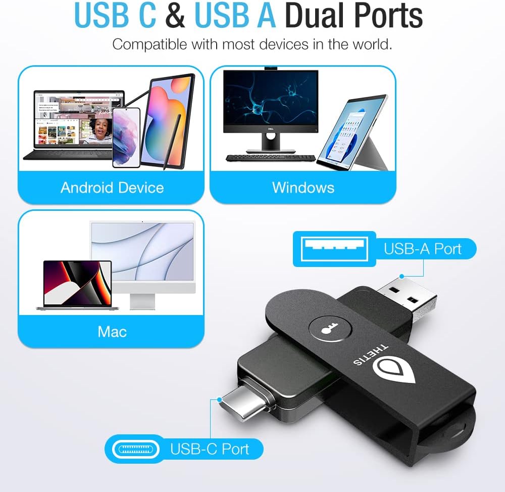 Thetis Pro FIDO2 Security Key, Two Factor Authentication NFC Security Key FIDO 2.0, Dual USB A Ports & Type C..