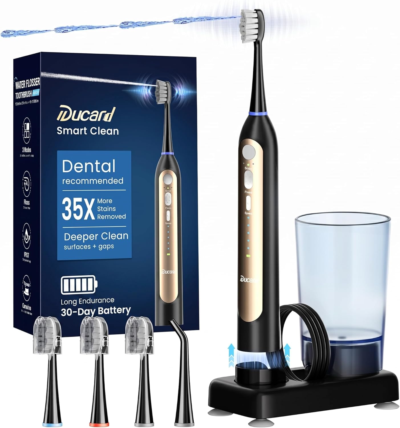 Electric Toothbrush with Water Flosser Combo, Compact 3-in-1 Flossing Toothbrush, 40000 VPM Sonic Brushing,11oz Easy-Clean Detachable Tank..