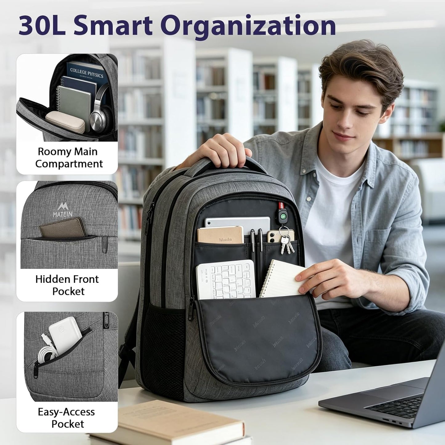MATEIN Travel Laptop Backpack, 17 Inch Work TSA Approved Carry on Backpack, Grey