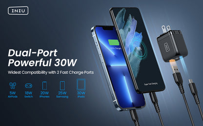USB C Charger, INIU 30W PD QC 3.0 Dual Port Type C Charger Fast Charging Block