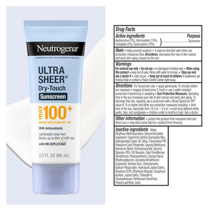 Neutrogena Ultra Sheer Dry Touch Sunscreen Lotion, Max SPF 100+, 3 fl. oz | Broad Spectrum for UVA/UVB Protection..