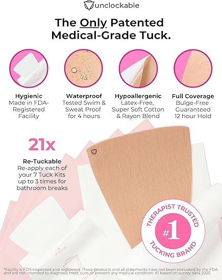 Unclockable Tuck Kit® 2 | All-Day Safety | 7 Swim-Proof Tucks | Transgender, NB, Drag Queens, Crossdressing Gaff Alternative