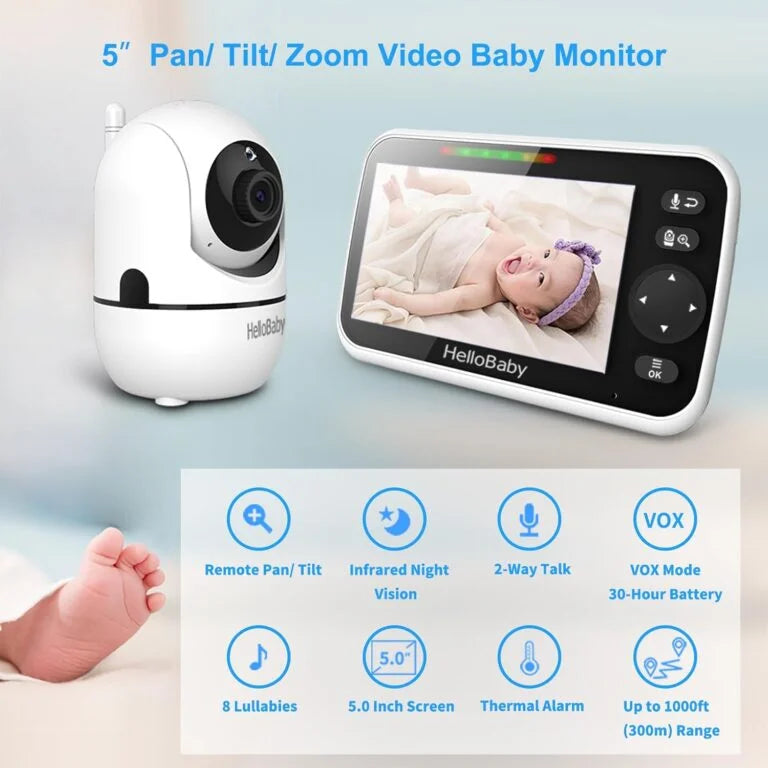 HelloBaby Upgrade Baby Monitor, 5”Sreen with 30-Hour Battery